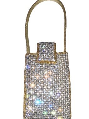 Gold Crystal and Pearl Embellished Mini Evening Wrist Bag with Gold Satin Lining